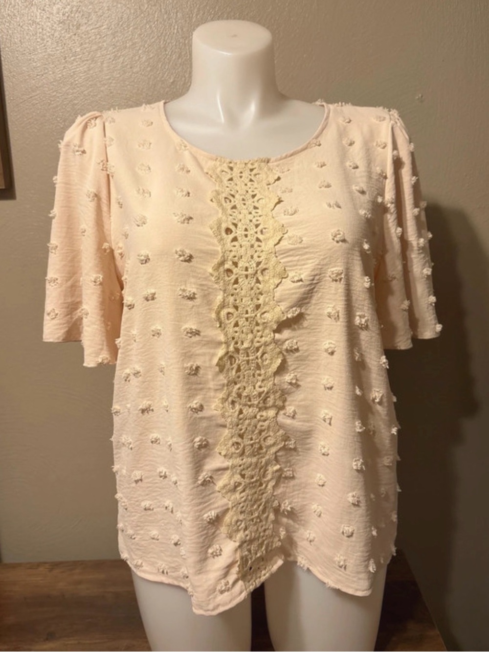 SHEIN Cream Short Sleeve Bobble Top with Crochet Panel